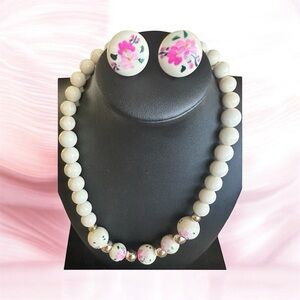 Vintage Floral White and Pink Beaded Necklace and Earring Set